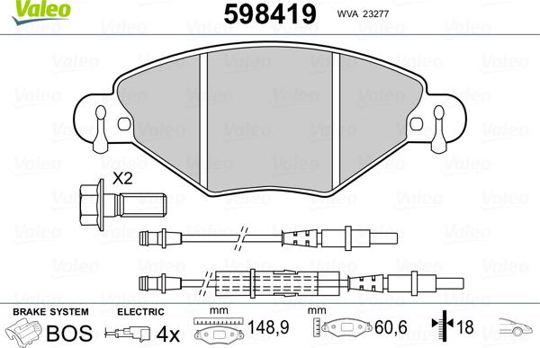 Valeo 598419 - Brake Pad Set, disc brake autospares.lv