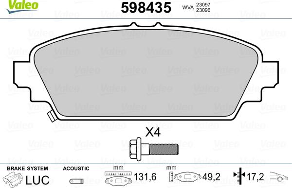 Valeo 598435 - Brake Pad Set, disc brake autospares.lv