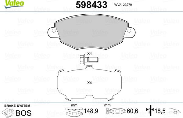 Valeo 598433 - Brake Pad Set, disc brake autospares.lv