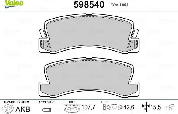 Valeo 598540 - Brake Pad Set, disc brake autospares.lv