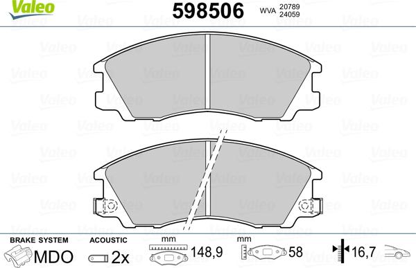 Valeo 598506 - Brake Pad Set, disc brake autospares.lv