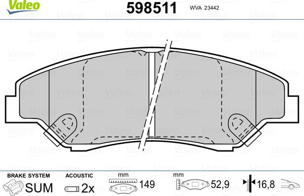 Valeo 598511 - Brake Pad Set, disc brake autospares.lv