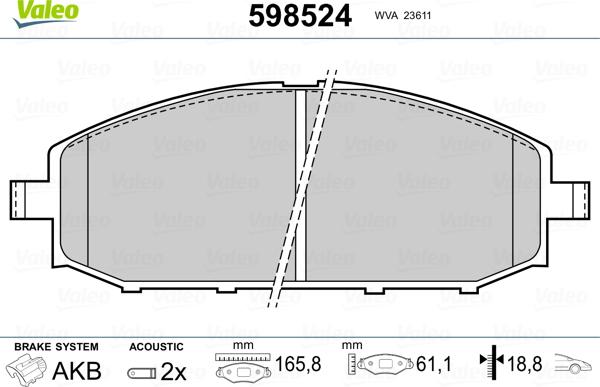 Valeo 598524 - Brake Pad Set, disc brake autospares.lv