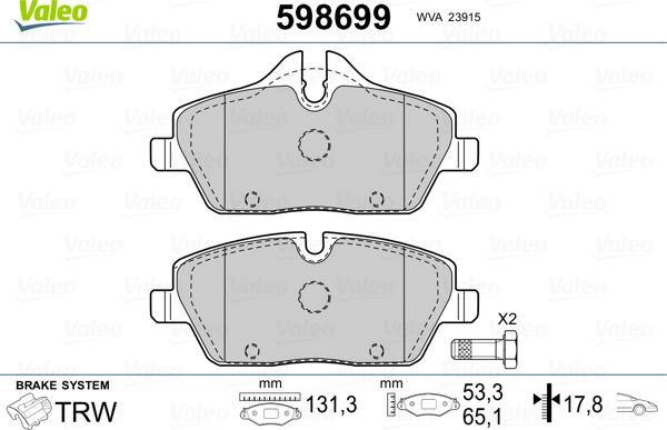 Valeo 598699 - Brake Pad Set, disc brake autospares.lv