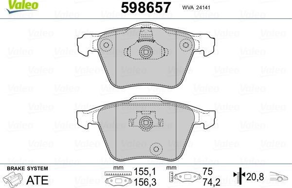 Valeo 598657 - Brake Pad Set, disc brake autospares.lv