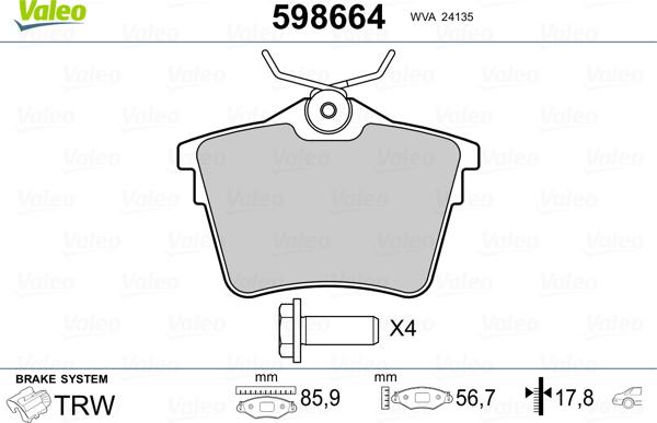 Valeo 598664 - Brake Pad Set, disc brake autospares.lv