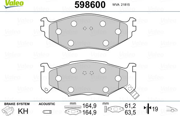 Valeo 598600 - Brake Pad Set, disc brake autospares.lv