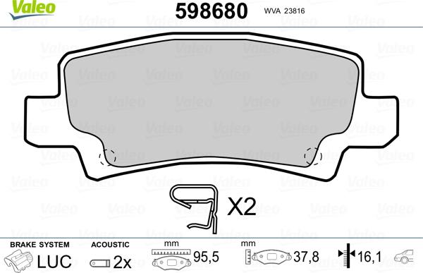 Valeo 598680 - Brake Pad Set, disc brake autospares.lv