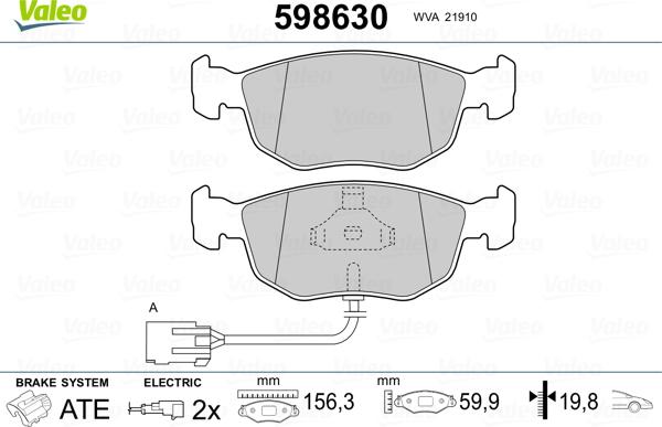 Valeo 598630 - Brake Pad Set, disc brake autospares.lv