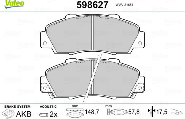 Valeo 598627 - Brake Pad Set, disc brake autospares.lv