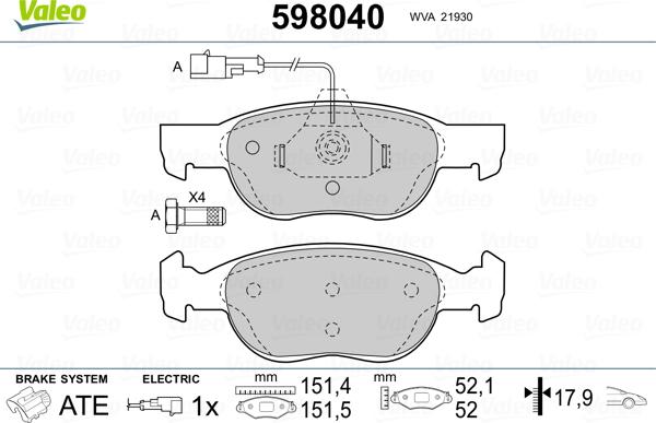 Valeo 598040 - Brake Pad Set, disc brake autospares.lv