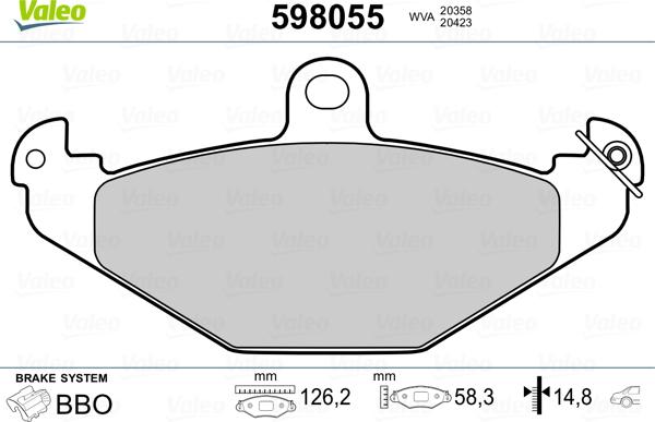 Valeo 598055 - Brake Pad Set, disc brake autospares.lv