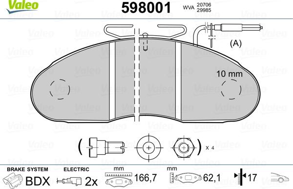 Valeo 598001 - Brake Pad Set, disc brake autospares.lv