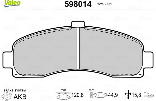 Valeo 598014 - Brake Pad Set, disc brake autospares.lv