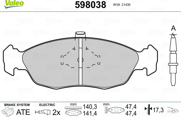 Valeo 598038 - Brake Pad Set, disc brake autospares.lv