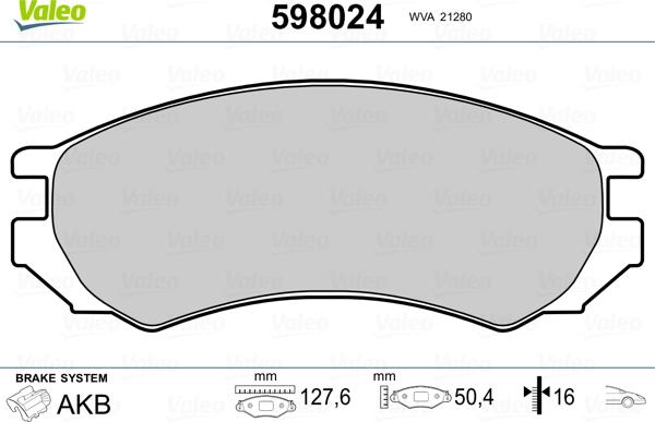 Valeo 598024 - Brake Pad Set, disc brake autospares.lv