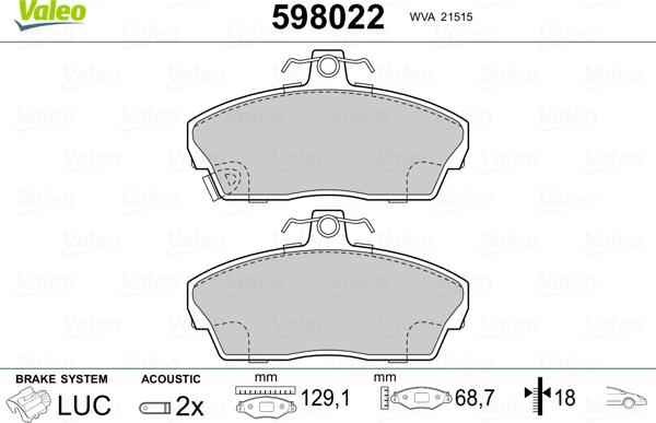 Valeo 598022 - Brake Pad Set, disc brake autospares.lv