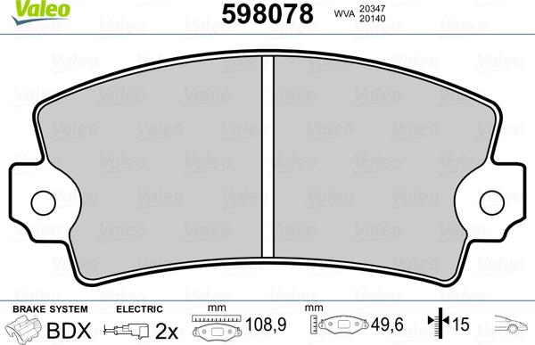 Valeo 598078 - Brake Pad Set, disc brake autospares.lv