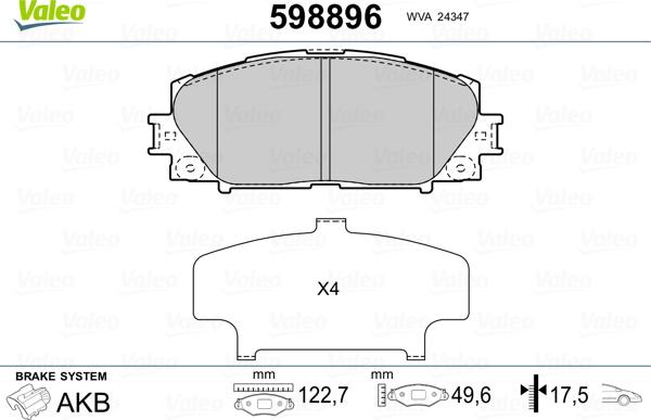 Valeo 598896 - Brake Pad Set, disc brake autospares.lv