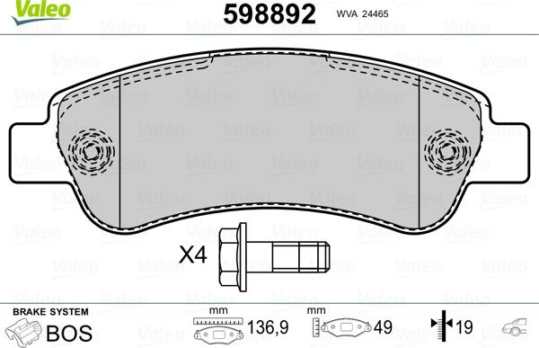 Valeo 598892 - Brake Pad Set, disc brake autospares.lv