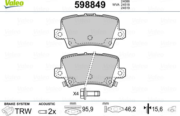 Valeo 598849 - Brake Pad Set, disc brake autospares.lv