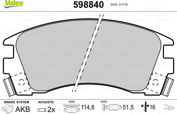 Valeo 598840 - Brake Pad Set, disc brake autospares.lv