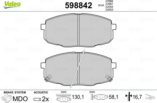 Valeo 598842 - Brake Pad Set, disc brake autospares.lv