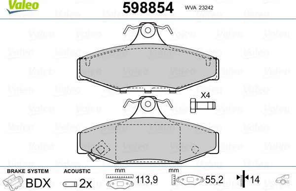 Valeo 598854 - Brake Pad Set, disc brake autospares.lv