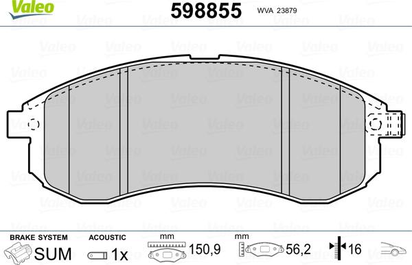 Valeo 598855 - Brake Pad Set, disc brake autospares.lv