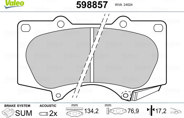 Valeo 598857 - Brake Pad Set, disc brake autospares.lv