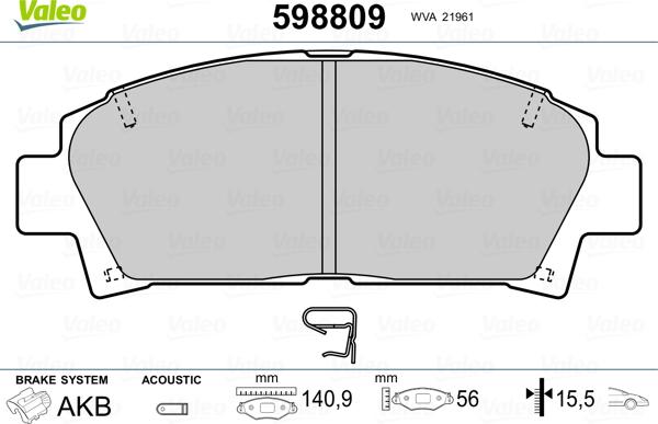 Valeo 598809 - Brake Pad Set, disc brake autospares.lv