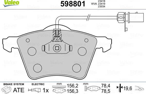 Valeo 598801 - Brake Pad Set, disc brake autospares.lv