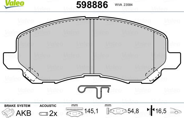 Valeo 598886 - Brake Pad Set, disc brake autospares.lv