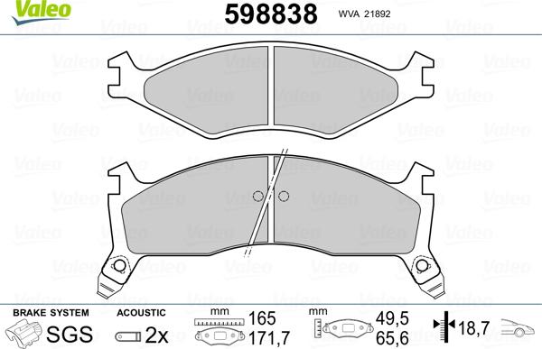 Valeo 598838 - Brake Pad Set, disc brake autospares.lv