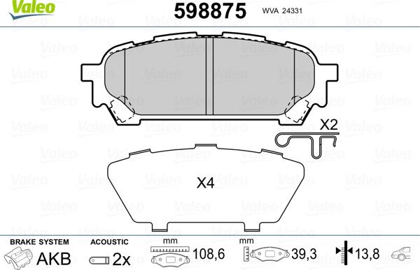 Valeo 598875 - Brake Pad Set, disc brake autospares.lv