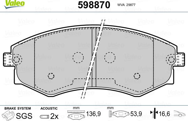 Valeo 598870 - Brake Pad Set, disc brake autospares.lv