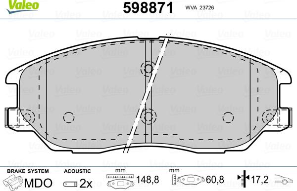 Valeo 598871 - Brake Pad Set, disc brake autospares.lv