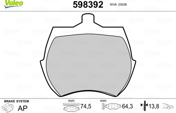 Valeo 598392 - Brake Pad Set, disc brake autospares.lv