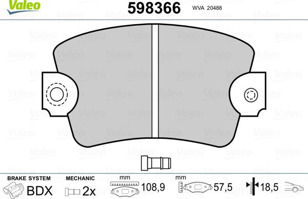 Valeo 598366 - Brake Pad Set, disc brake autospares.lv