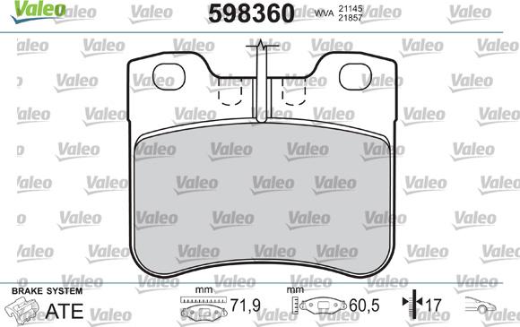 Valeo 598360 - Brake Pad Set, disc brake autospares.lv