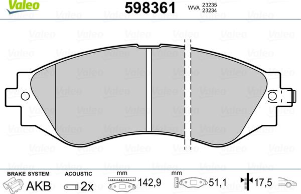 Valeo 598361 - Brake Pad Set, disc brake autospares.lv