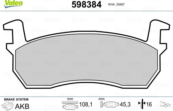 Valeo 598384 - Brake Pad Set, disc brake autospares.lv