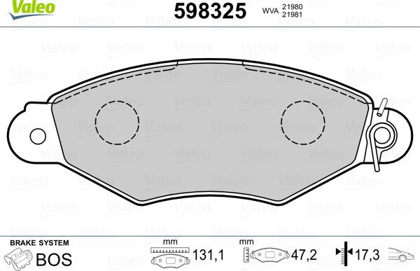 Valeo 598325 - Brake Pad Set, disc brake autospares.lv