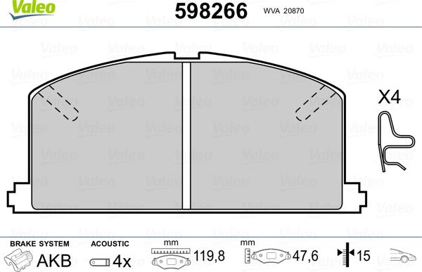 Valeo 598266 - Brake Pad Set, disc brake autospares.lv