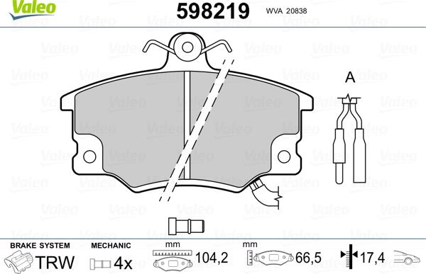 Valeo 598219 - Brake Pad Set, disc brake autospares.lv
