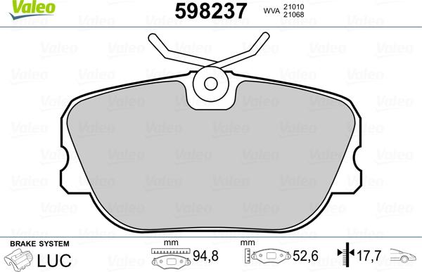 Valeo 598237 - Brake Pad Set, disc brake autospares.lv