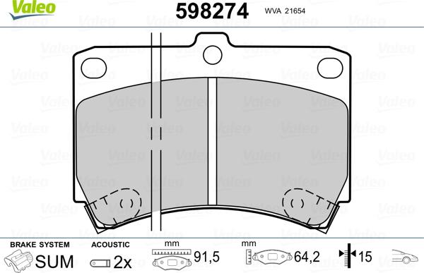 Valeo 598274 - Brake Pad Set, disc brake autospares.lv