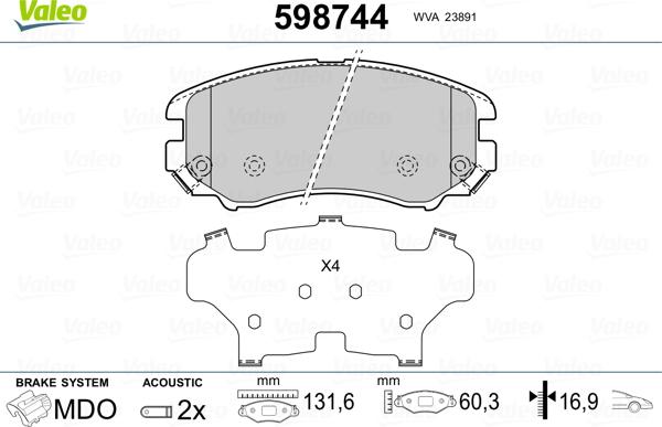 Valeo 598744 - Brake Pad Set, disc brake autospares.lv