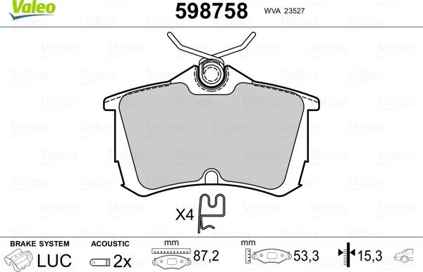 Valeo 598758 - Brake Pad Set, disc brake autospares.lv