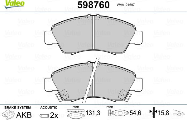 Valeo 598760 - Brake Pad Set, disc brake autospares.lv